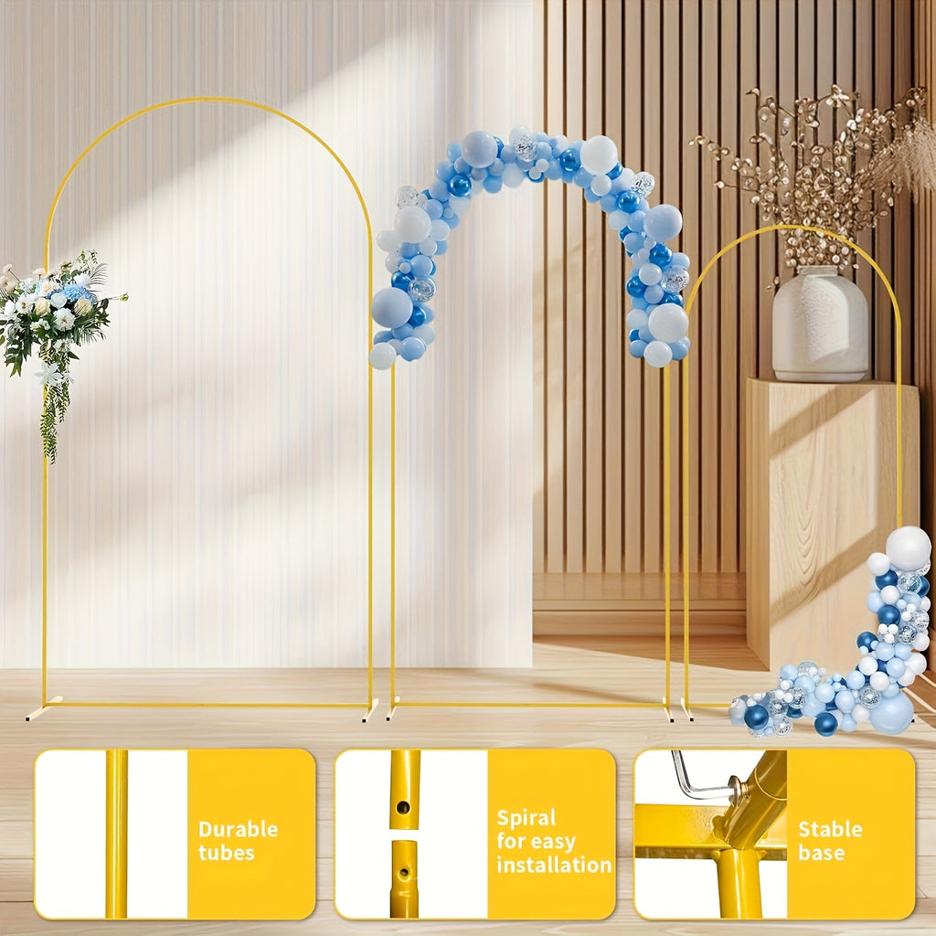 Wedding Arch Stand Set in Golden Metal, Three Backdrop Frames with Listed 7.2ft, 6.6ft and 6ft Sizes for Balloon, Flower and Party Displays