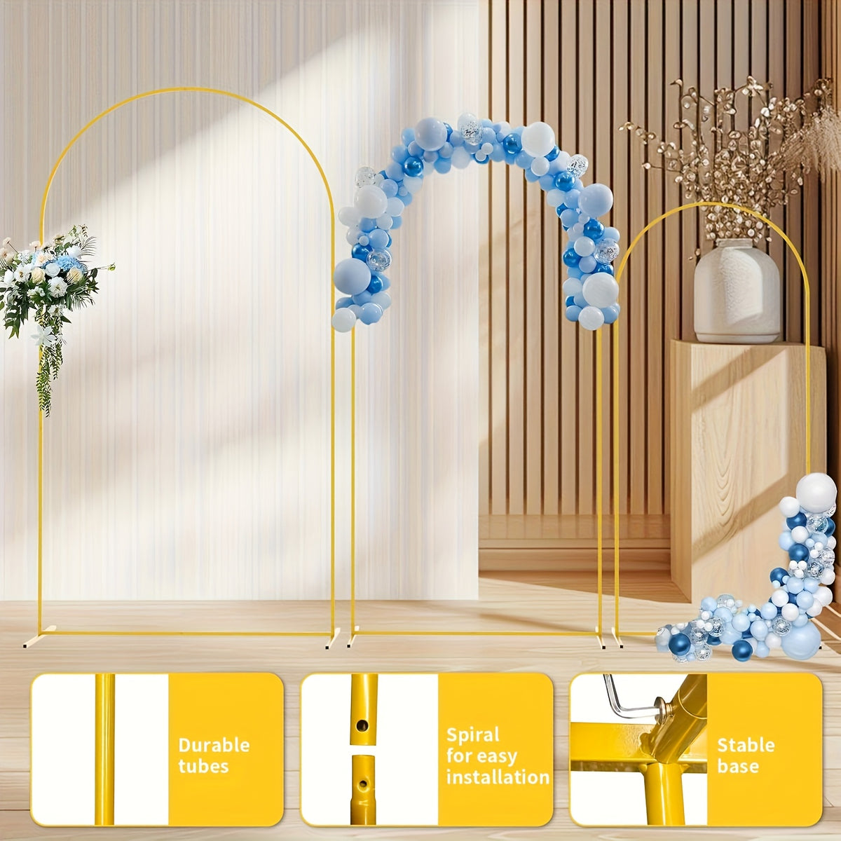 Wedding Arch Stand Set in Golden Metal, Three Backdrop Frames with Listed 7.2ft, 6.6ft and 6ft Sizes for Balloon, Flower and Party Displays