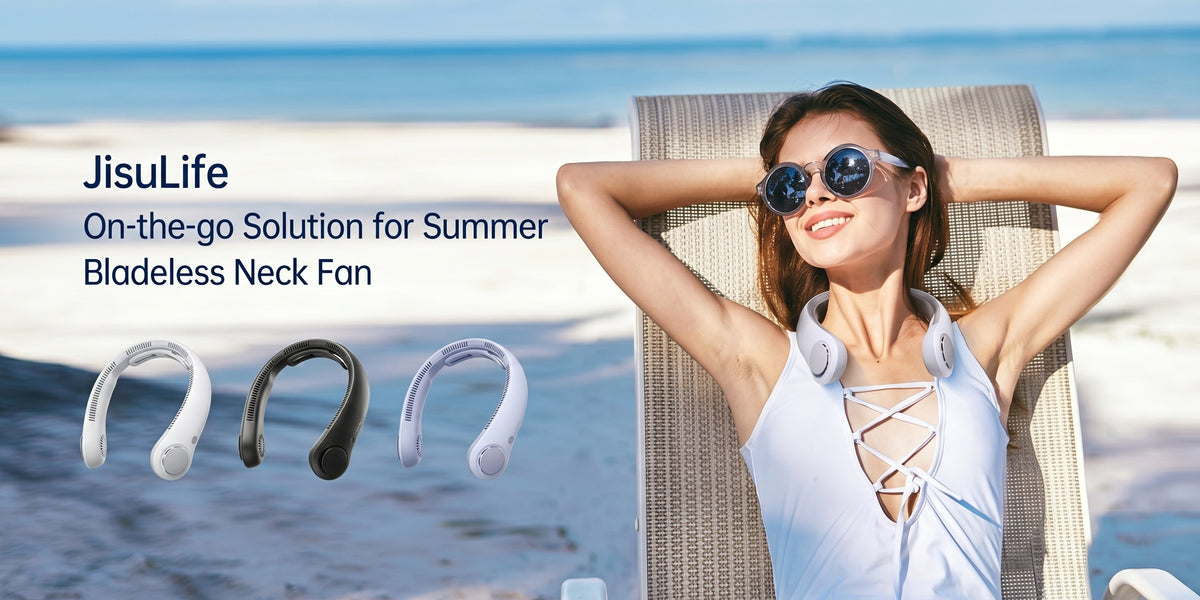Rechargeable Personal Neck Fan by JISULIFE with Five Listed Speeds and 2500mAh Battery, Hands-Free Bladeless Style in Grey, Black or Blue for Travel and Leisure