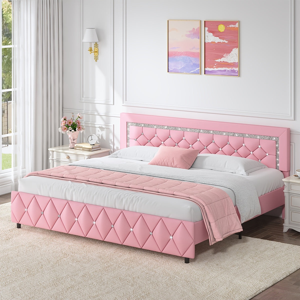 Diamond Design Platform Bed Frame by HOMBCK with Adjustable Headboard and Wooden Slat Support, No Box Spring Needed, Twin to King in Five Colors