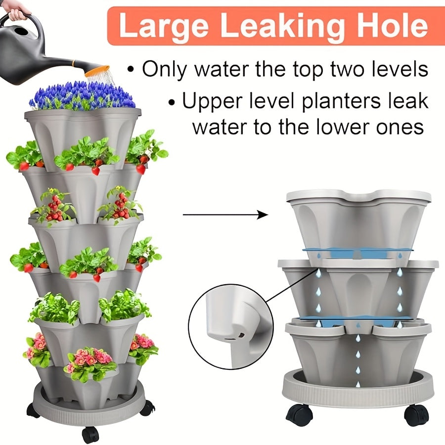 Five-Layer Stackable Planter Set for Vertical Gardening, Five Color Options with Listed Moving Wheels and Tools for Flowers, Herbs and Suitable Strawberry Plants