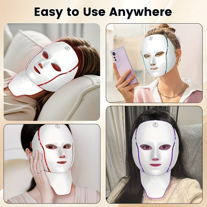 LED Light Therapy Face Mask, 7-Color Photon Facial & Neck Care Device, USB Rechargeable Skin Care Mask for Redness, Acne-Prone & Aging Skin, Home Spa Beauty Treatment, Valentine's Day Christmas Gift