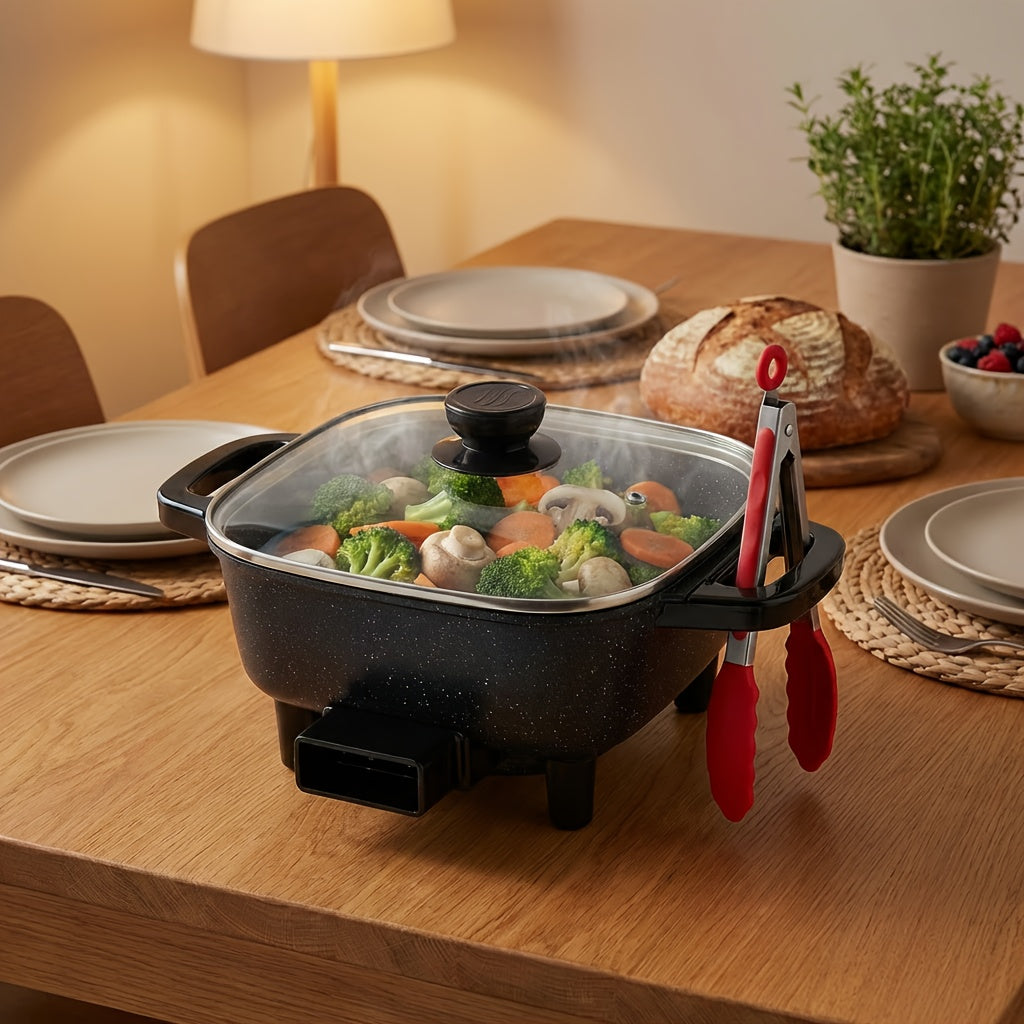 Square Mini Electric Cooking Pot with Listed 8-Inch Size, Nonstick Speckled Coating and Glass Lid, Regular, Upgraded Utensil Bundle and Red Enamel Model Labels