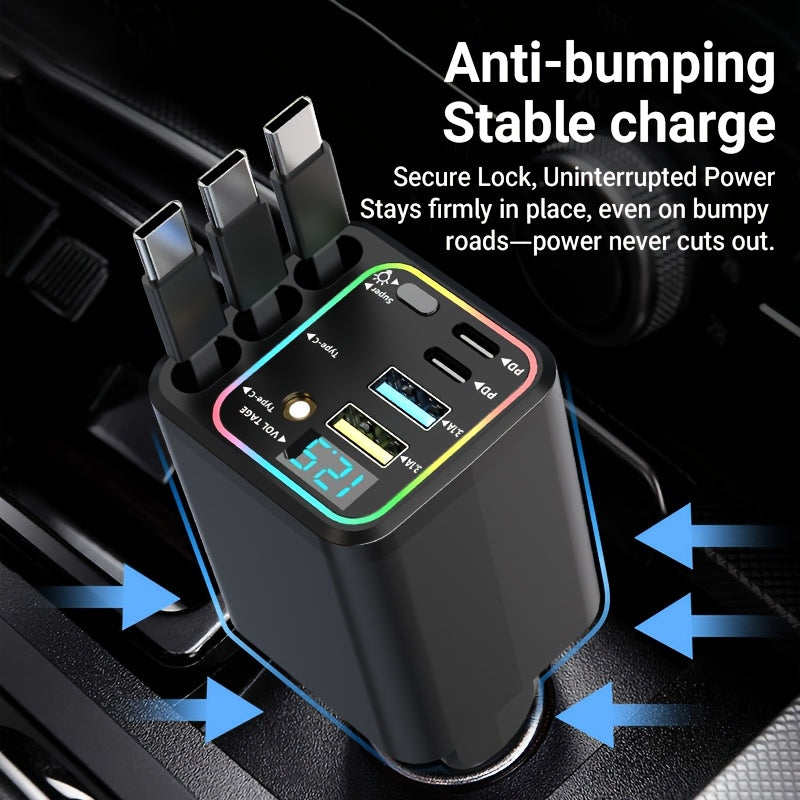 Retractable Cable Car Charger, Three Extendable Leads with Color Lighting, LED Digital Display and Listed 180-Degree Adjustment for In-Car Phone Charging