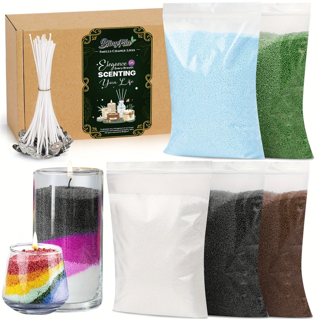 Sand Wax Candle Making Kit by BlingFun with Five Colors, 500g Total Granulated Wax and 20 Wicks for Adult Decorative Candle Crafts, Bright Color or Dark Options