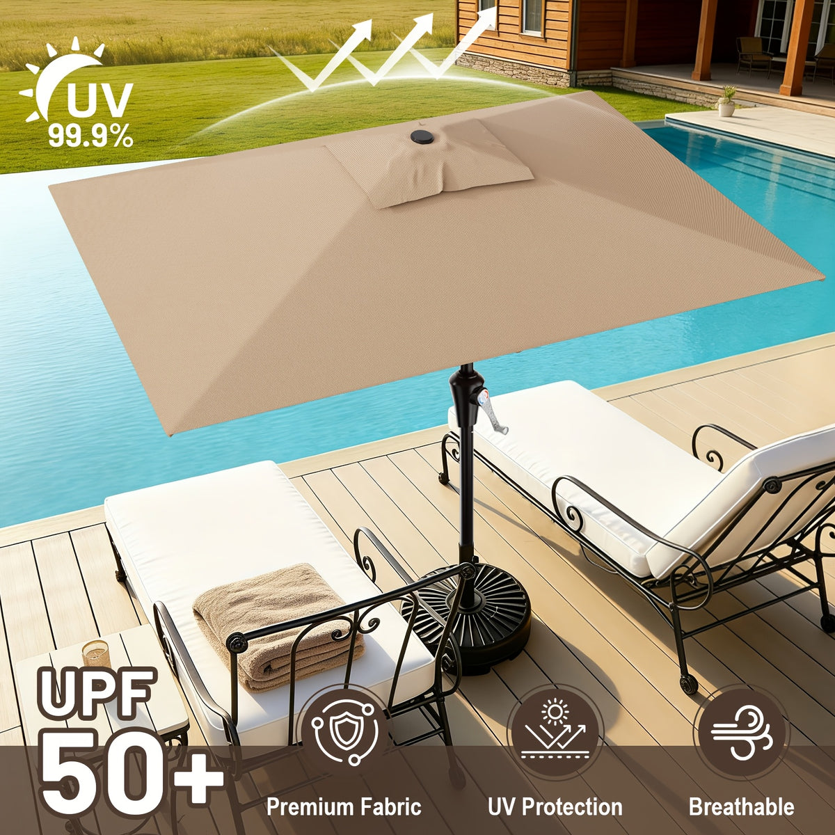 Rectangular Patio Umbrella with Listed 6.5 x 10 ft Canopy, Crank Operation and Six Ribs, Eight Color Options for Outdoor Dining Tables, Decks and Poolside Seating