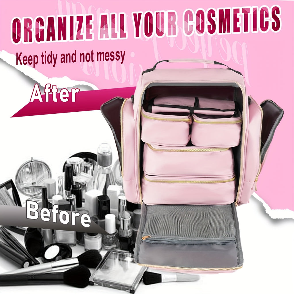 Removable-Pouch Makeup Organizer in Pink with Four Listed Inner Pouches and Jewelry Roll, Multifunction Cosmetic Travel Case for Beauty Essentials and Trip Packing