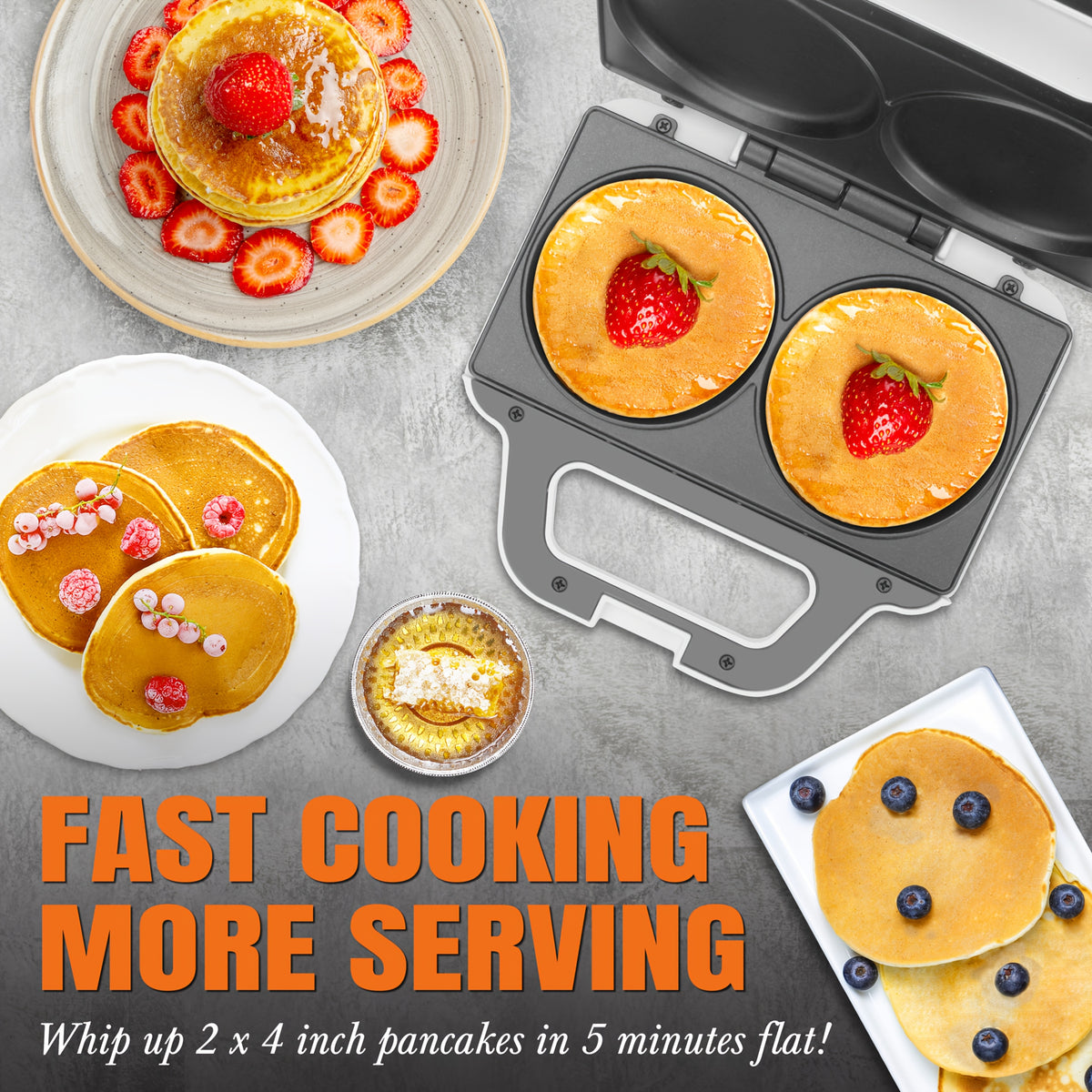 Double Mini Pancake Maker in White, 4-Inch Electric Breakfast Griddle with Listed Arepa, Egg and Cookie Cooking Uses for Homemade Meals and Snacks