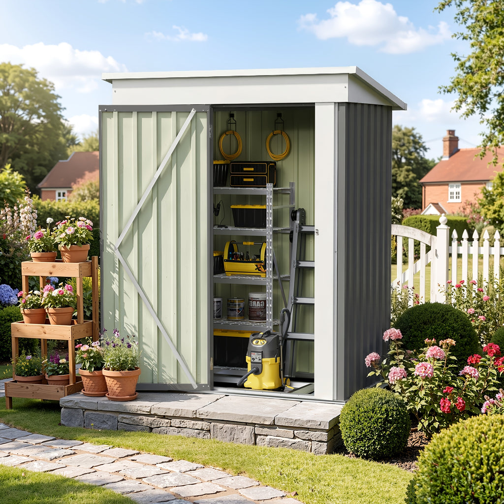 Outdoor Metal Tool Shed in Listed 5 x 3 FT Size, Garden Storage Building with Single Lockable Door and Sloping Roof, Brown, Grey or White Model Options