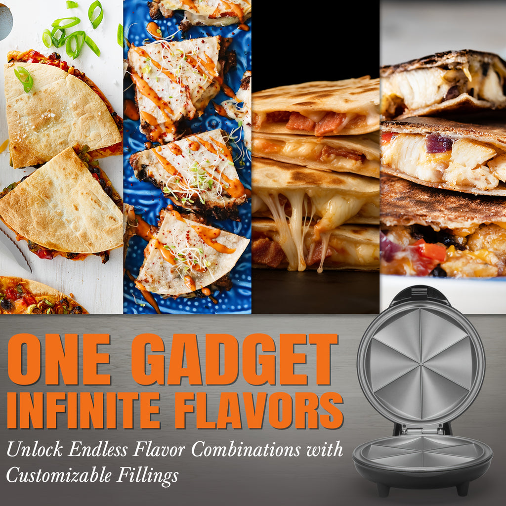 Electric Quesadilla Maker with Listed 9.5-Inch Size, Six-Wedge Design, Extra-Filling Wording and Non-Slip Feet for Home Grilled Cheese Meals in Red or Graphite