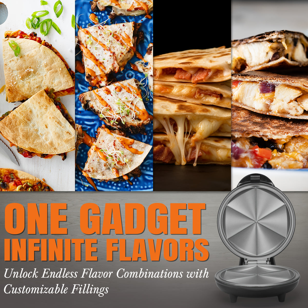 Electric Quesadilla Maker with Listed 9.5-Inch Size, Six-Wedge Design, Extra-Filling Wording and Non-Slip Feet for Home Grilled Cheese Meals in Red or Graphite