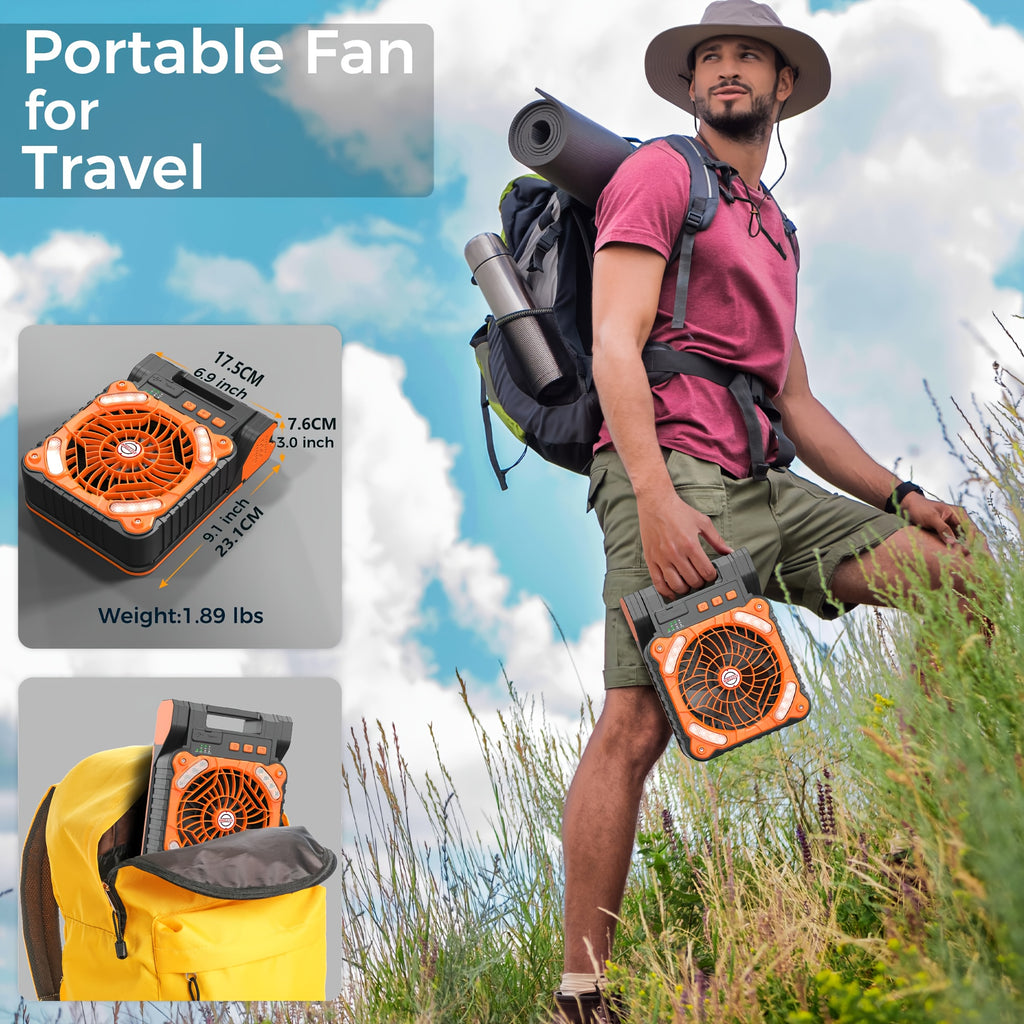 Solar Panel Camping Fan with LED Light, Listed 7800mAh Rechargeable Battery, USB Charging and Timer, Portable 2-in-1 Design in Orange or Green