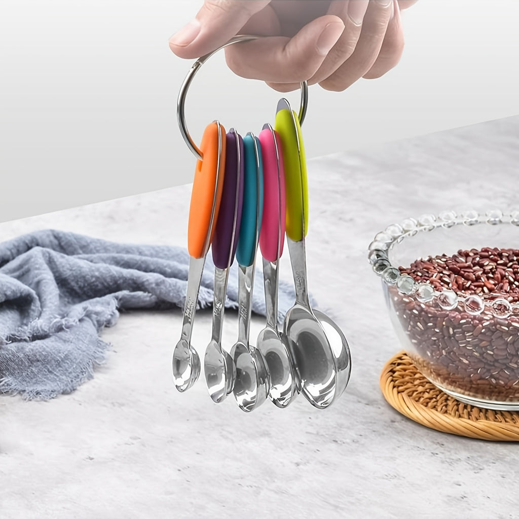 Five-Piece Measuring Spoon Set, Stainless Steel Kitchen Measuring Tools with Listed Silicone Handles for Everyday Recipe Prep, Home Cooking and Baking