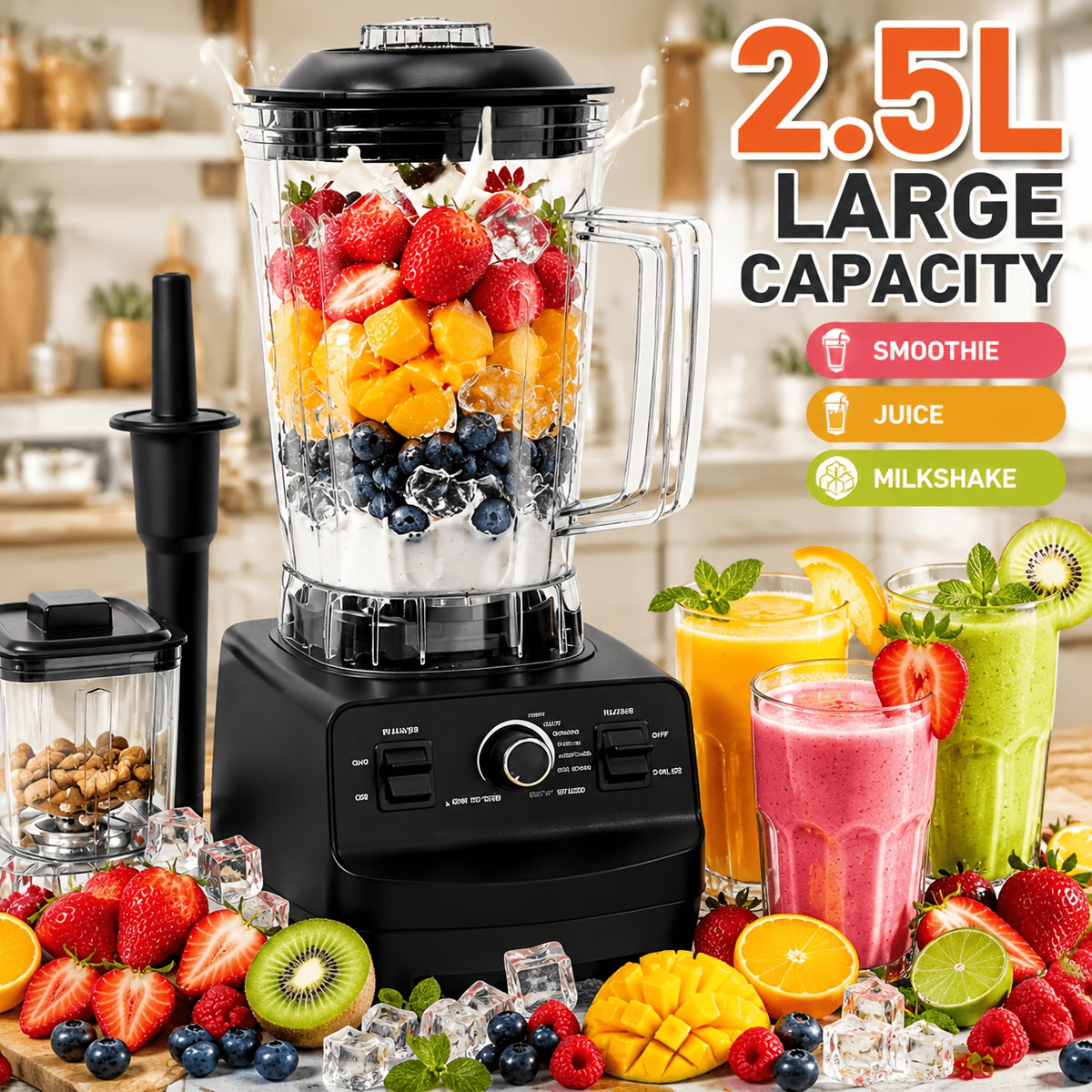 Large Capacity Smoothie Blender 84.54oz, Black Countertop Kitchen Mixer for Smoothies, Milkshakes, Protein Shakes and Compatible Frozen Fruit Drink Recipes