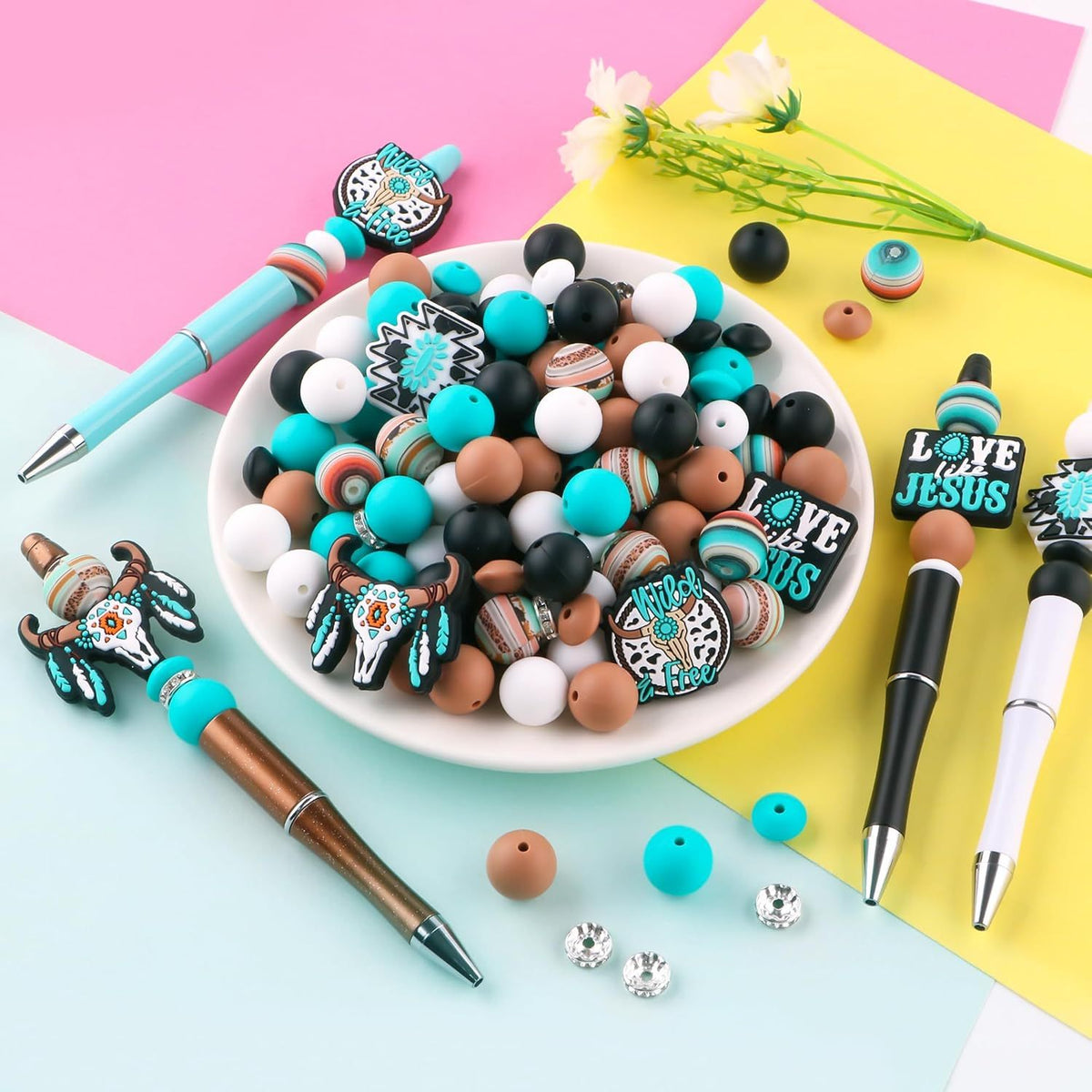 Turquoise Silicone Beads for Pens and Keychains, 146-Piece Mixed Craft Assortment with Listed 10mm Round and 12mm/15mm Beads for DIY Jewelry and Decorations