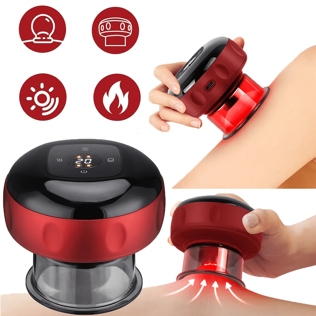 Electric Cupping Device with Pink Gua Sha Board, USB Rechargeable Red or Black Personal Care Tool with Listed 12-Level Heat and Suction Controls and Digital Display