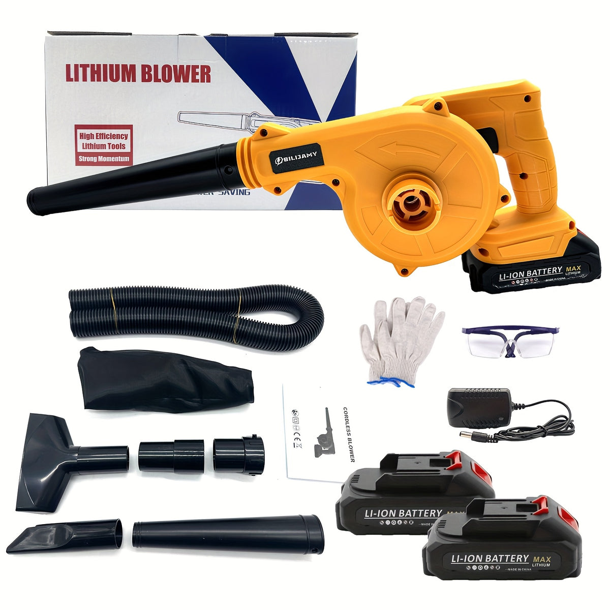 Portable Battery Leaf Blower, Yellow or Black Cordless Handheld Yard Tool with One- or Two-Battery Configurations and Selected Seven-Piece Sets for Leaf Cleanup