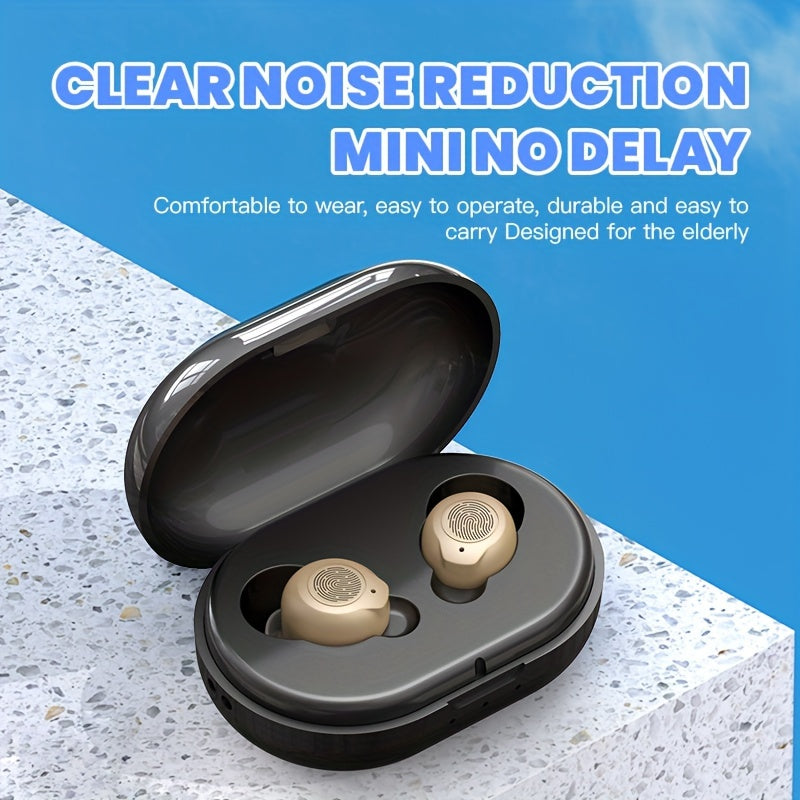 USB Charging Hearing Device with Light Beige Unit and Black Charging Box, Listed 320mAh Case Battery, Noise Reduction and 10-Second Delayed Startup