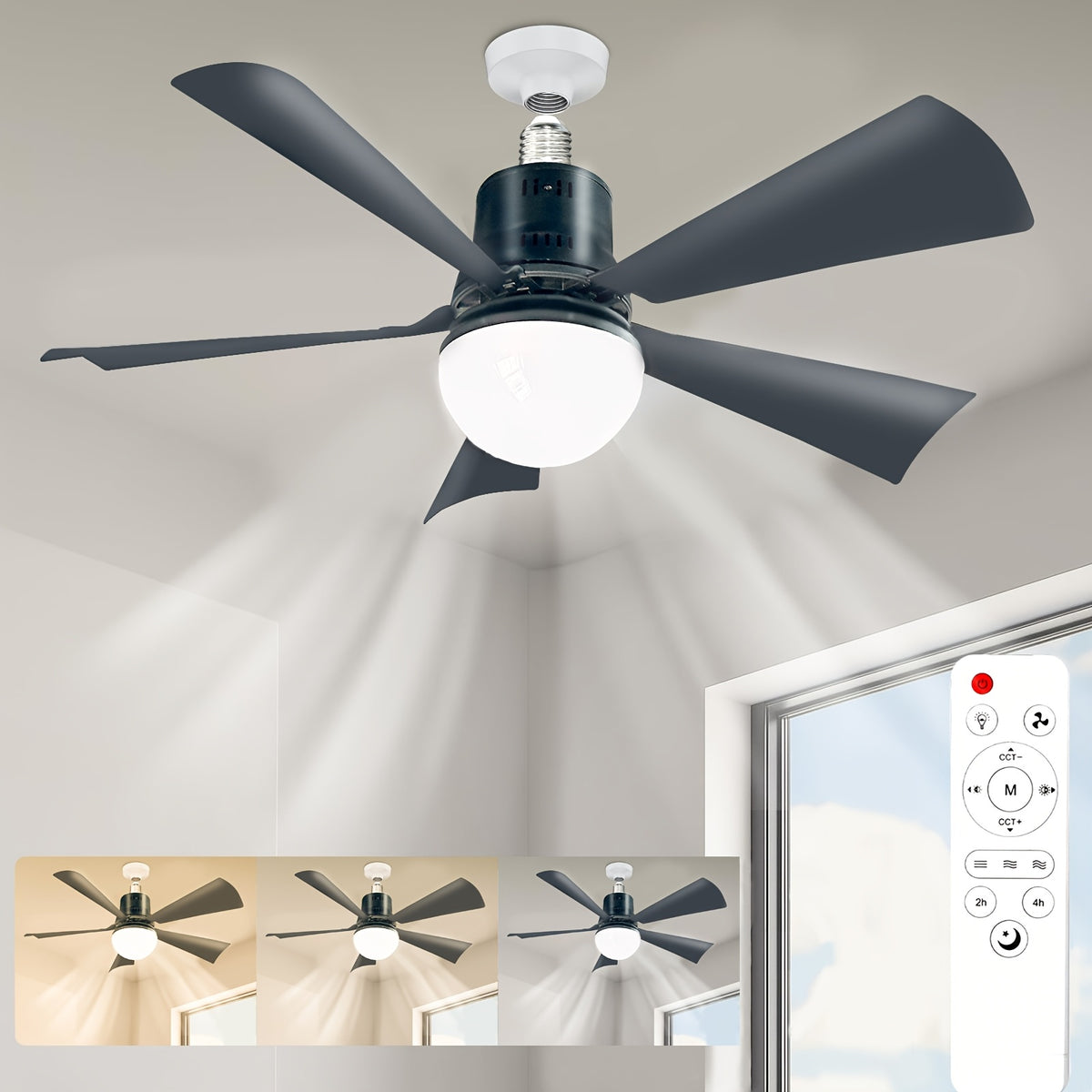 20.5 Inch Socket Fan Light with Remote, E26 Base Screw-In Ceiling Fan with Dimmable Light, Small Ceiling Fan for Garage, Bathroom, Bedroom and Kitchen Cooling and Illumination, White