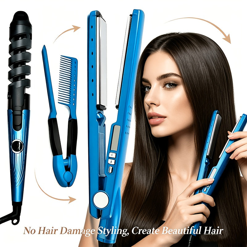 Flat Iron and Curling Iron Hair Styling Set with Comb, Upgraded Three-in-One Kit for Straight Hair, Curls and Wave Styling Routines, Birthday or Mother's Day Gift Idea