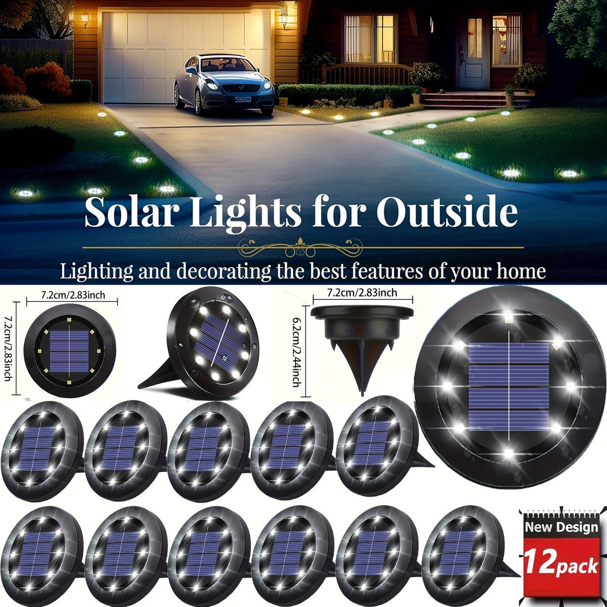 Solar Ground Lights with White Light, 12-Pack In-Ground Garden Lighting for Decorative Flowerbed Borders, Lawn Edges, Patio and Outdoor Pathway Accents