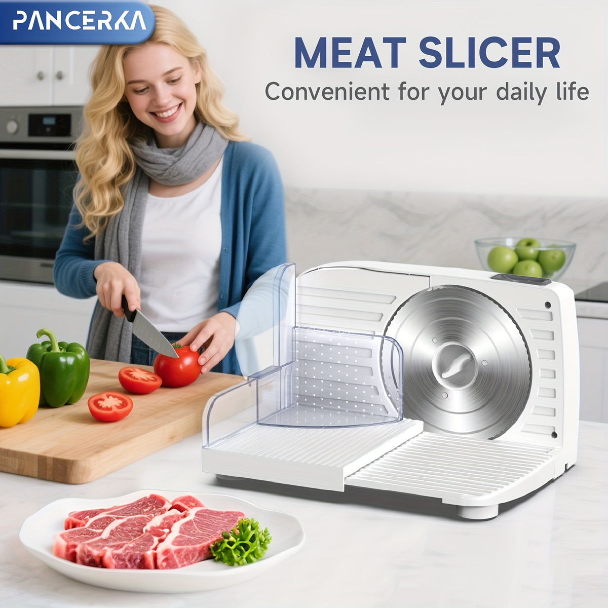 Adjustable Deli Food Slicer by PANCERKA in White, One Electric Cutting Machine with Listed 0–15mm Thickness Range and 130–200W Wording for Compatible Kitchen Foods