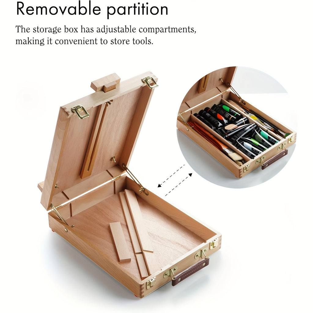 Wooden Tabletop Easel Storage Box, Adjustable Beechwood Painting Stand with Carry Handle and Natural Wood Finish for Artists, Beginners and Art Display