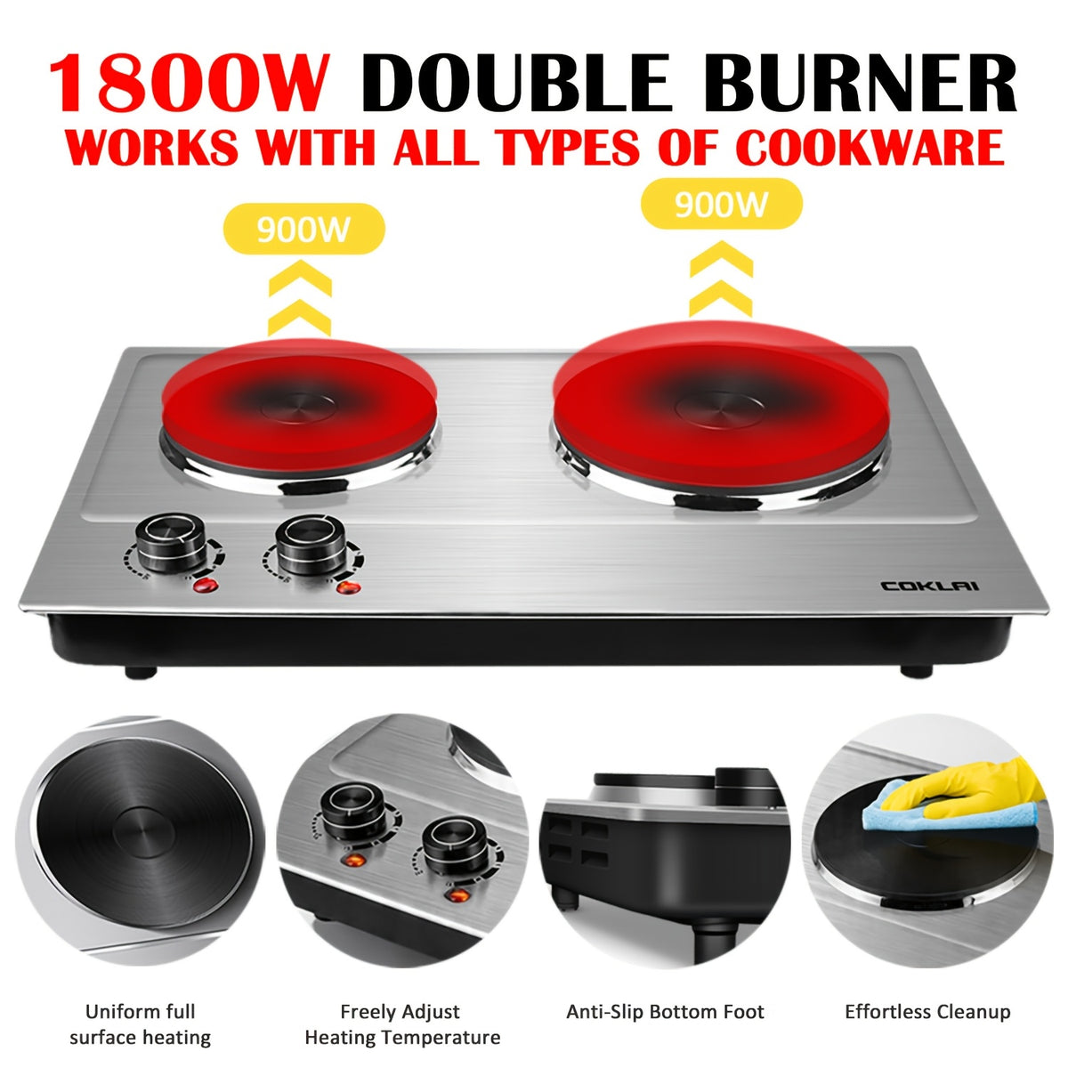 Dual Burner Hot Plate, Portable Electric Cooktop with 7.4 Inch and 6.1 Inch Heating Plates, Adjustable Temperature Control for Dorm, RV and Home Kitchen Daily Cooking