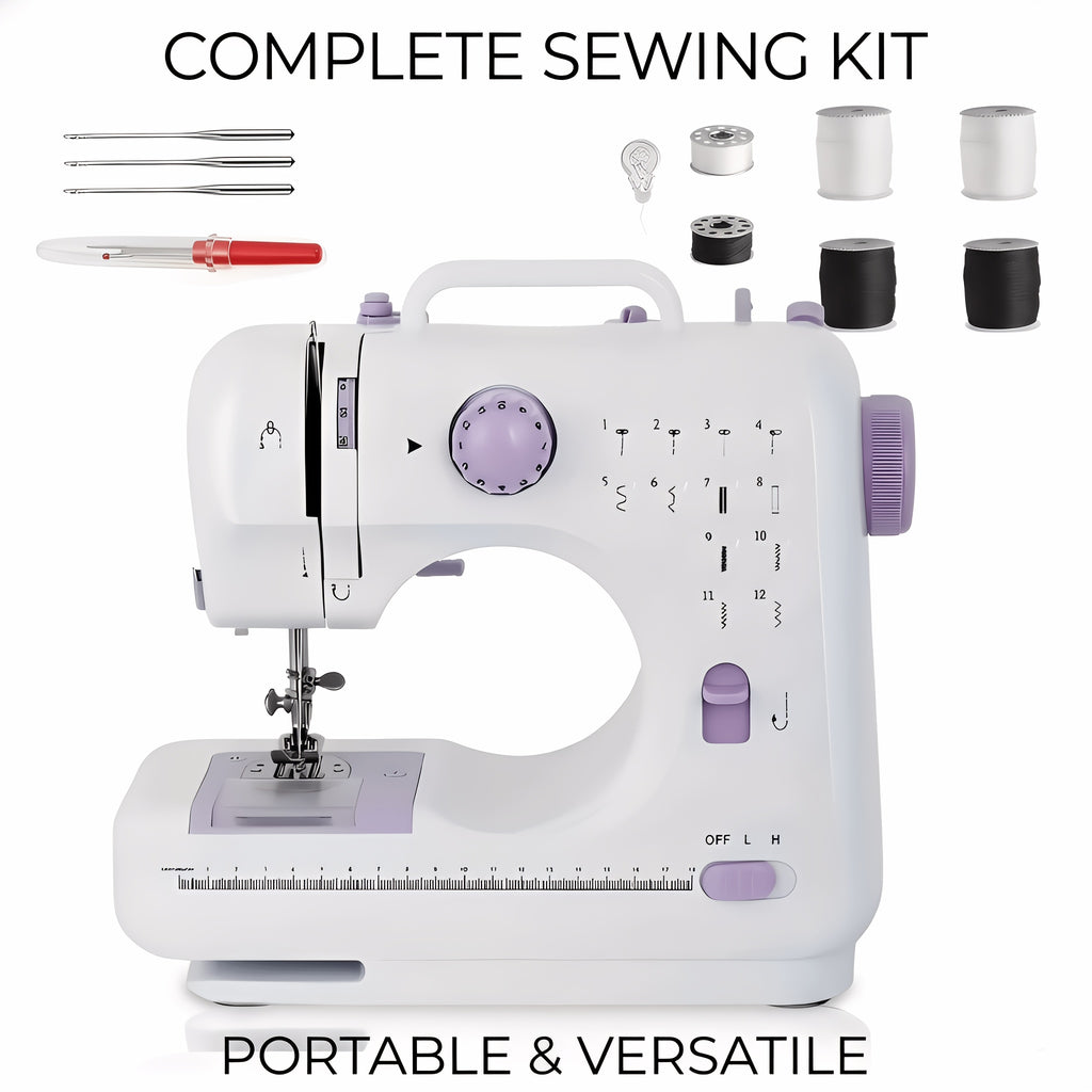 12-Stitch Mini Sewing Machine with Listed Dual Speed and Reverse Sewing, Portable Electric Beginner Craft Tool with Thread, Bobbins and Needles for Home Projects