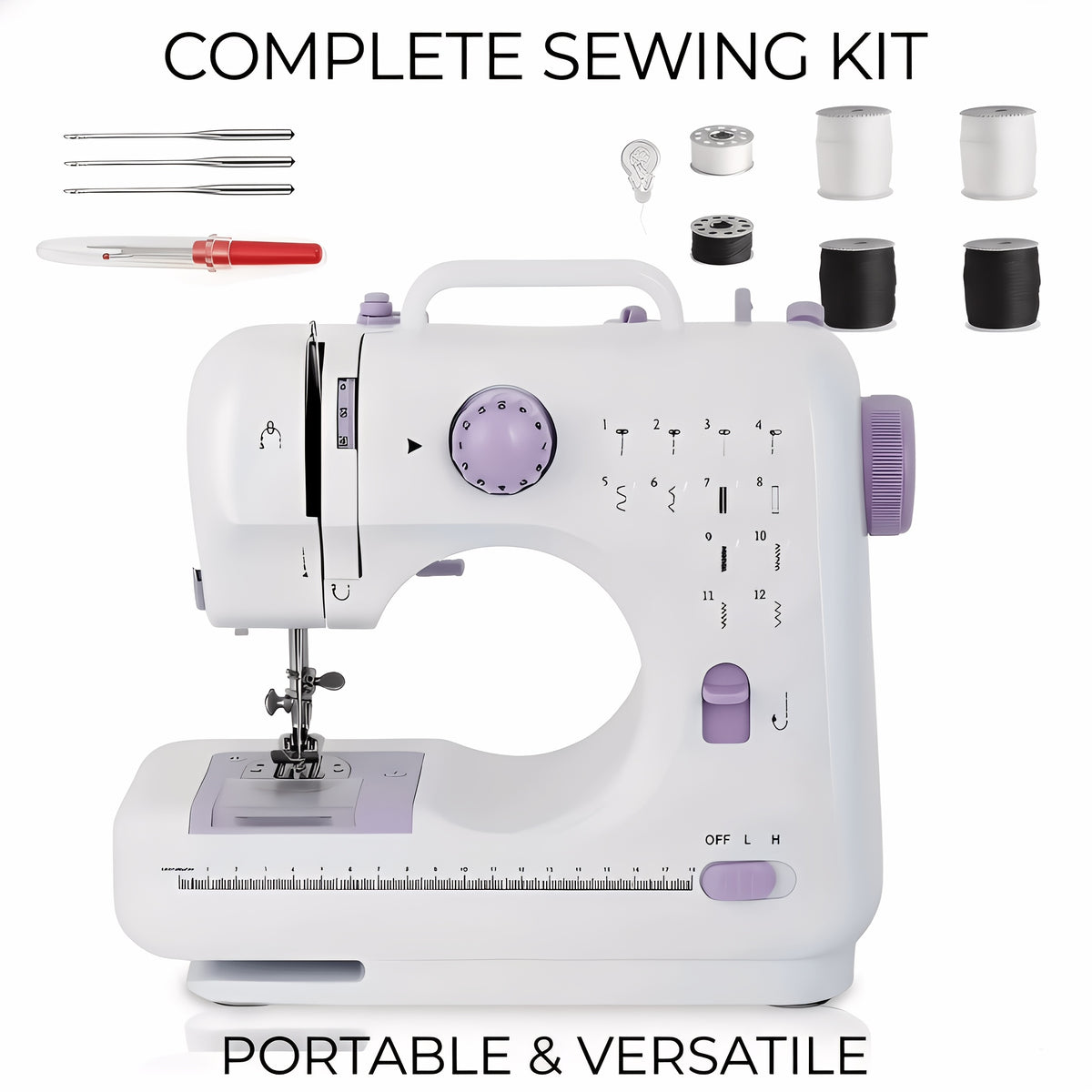 12-Stitch Mini Sewing Machine with Listed Dual Speed and Reverse Sewing, Portable Electric Beginner Craft Tool with Thread, Bobbins and Needles for Home Projects