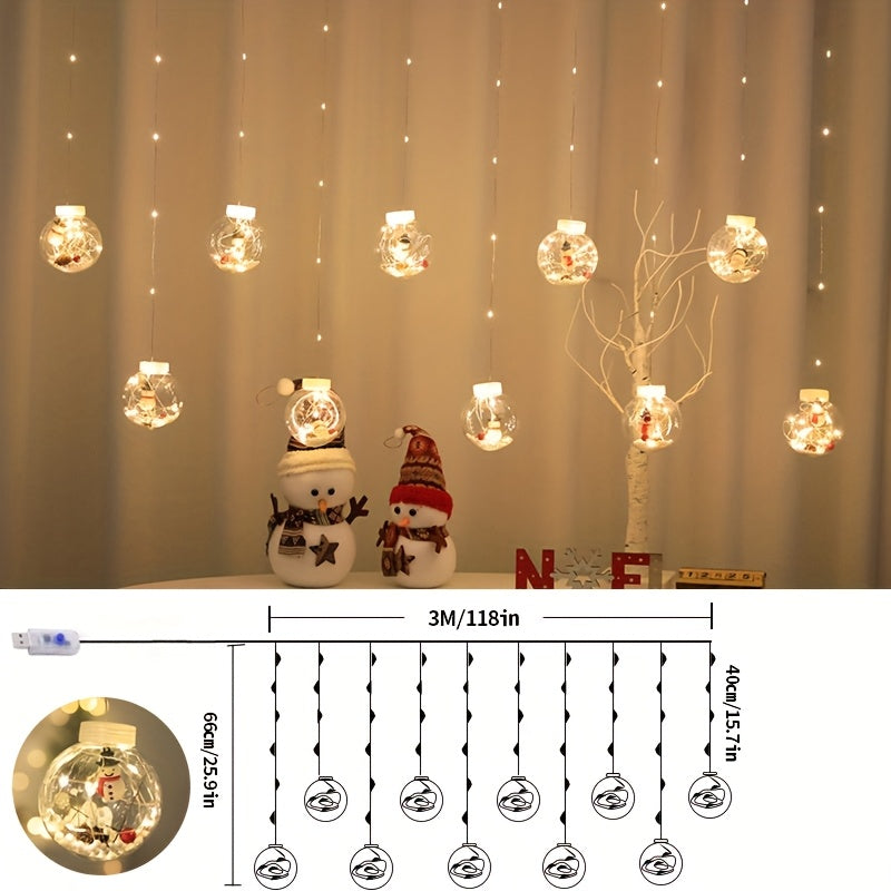 USB Christmas Curtain Lights with 8 Modes, 118.11-Inch Holiday Hanging Decor in Santa Claus, Snowman or Christmas Tree Styles for Seasonal Home Displays