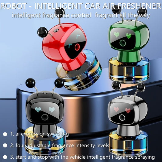 Robot Car Air Freshener with Dynamic Expressions, Automatic Start Stop Spray and Four Adjustable Fragrance Levels, Five Color and Scent Options