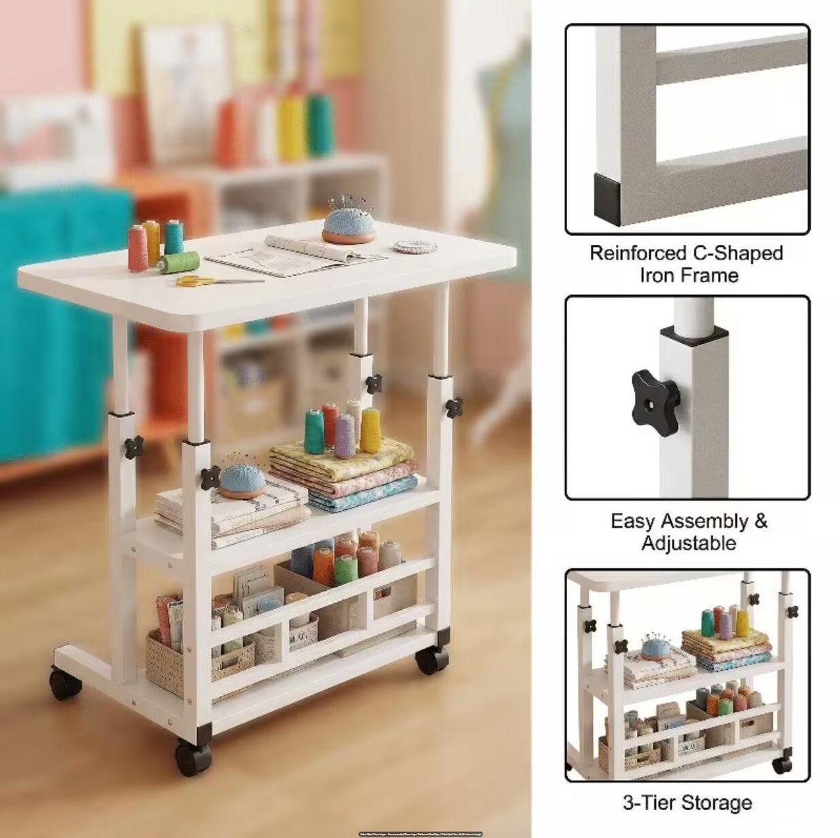 Height Adjustable Craft Table with Double Storage Shelves and Four 360-Degree Wheels, Rolling Sewing and Knitting Organizer for Bedrooms and Living Rooms