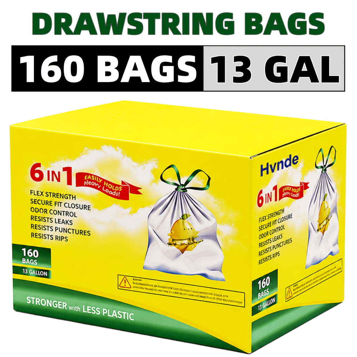 Boxed 13-Gallon Drawstring Garbage Bags, Disposable Household Bin Liners in Style 2 or Style 3 Options for Compatible Kitchen and Garden Waste Containers