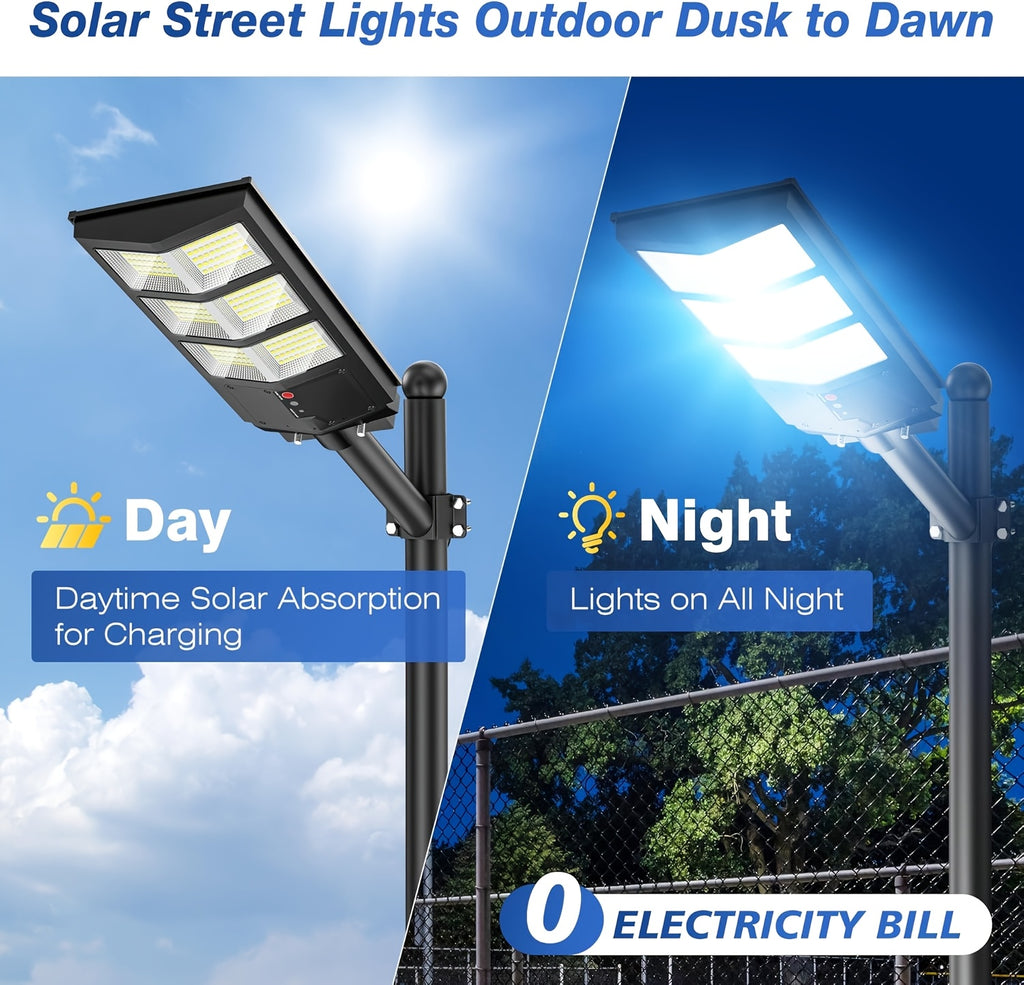 Solar Street Light with Motion Sensor and Remote Control, Matte Black Single-Pack 270, 360 or 800 LED Options with 6500K and Three Lighting Mode References