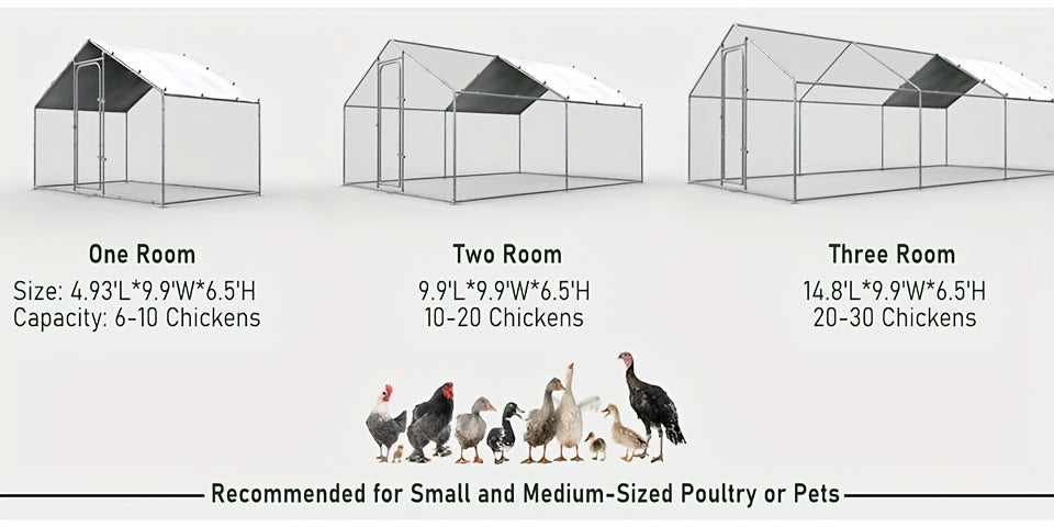 Metal Poultry Run Enclosure by SNDM, Outdoor Chicken Coop Cage with Listed Partial Cover, Mesh Walls, Access Doors and Latches in Three Unit Options