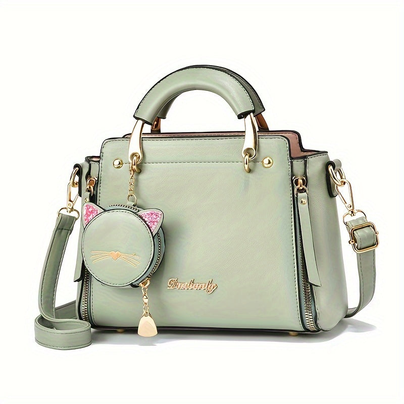 Mini Satchel Handbag with Kitten Pendant for Women, Top Handle Small Purse in Black, White, Pink, Purple, Khaki or Green for Coffee Dates and Casual Outings