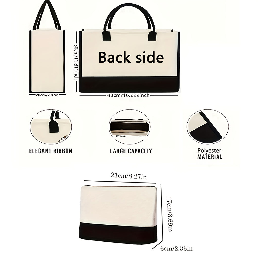 Initial Tote Bag Set for Women with Makeup Storage Bag, Two-Piece Reusable Beach and Shopping Carry Set with Letter Options for Travel and Gifts