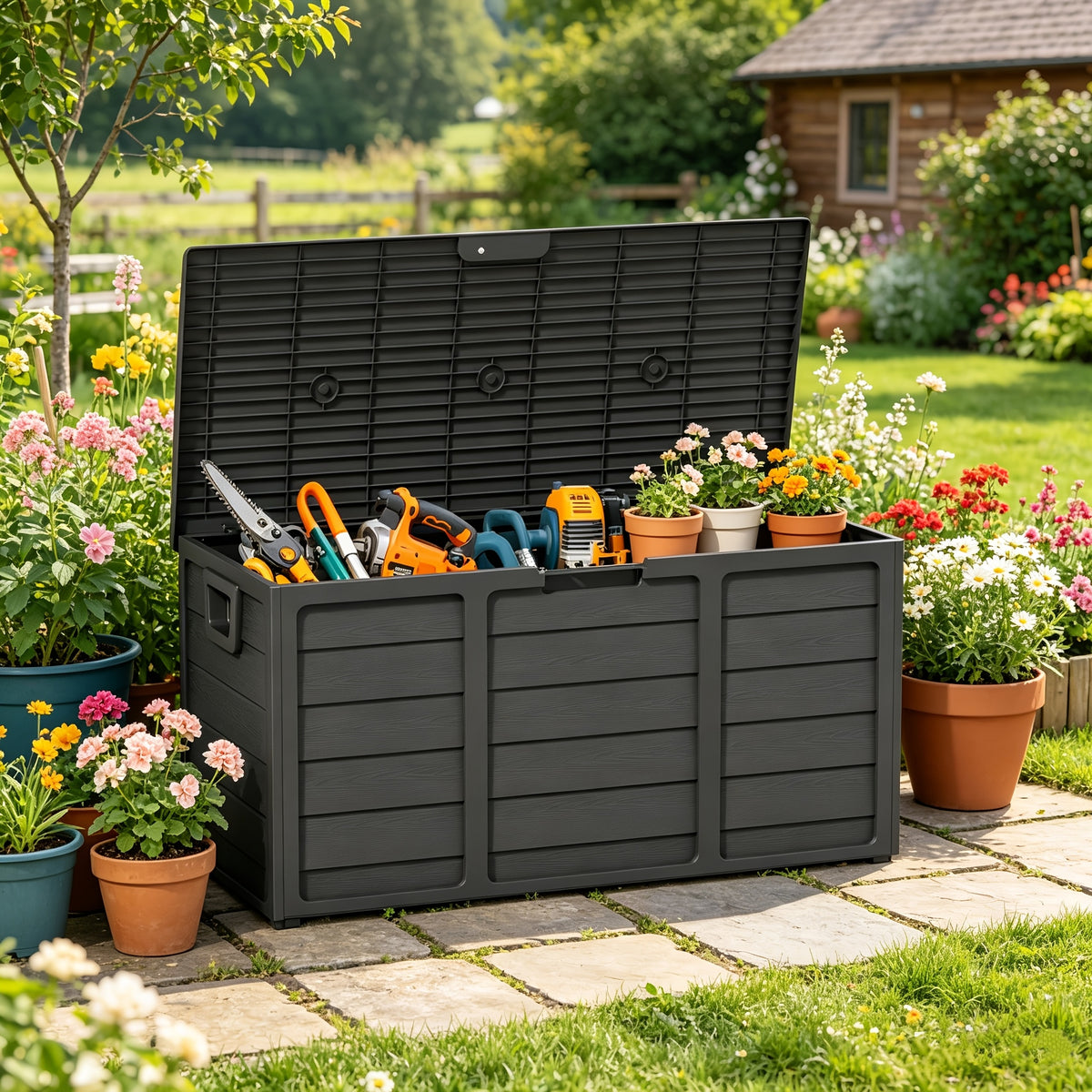 Resin Deck Box with 75-Gallon Capacity and Handles, Gray or Pure Black Outdoor Storage Container for Compatible Patio, Garden and Poolside Essentials