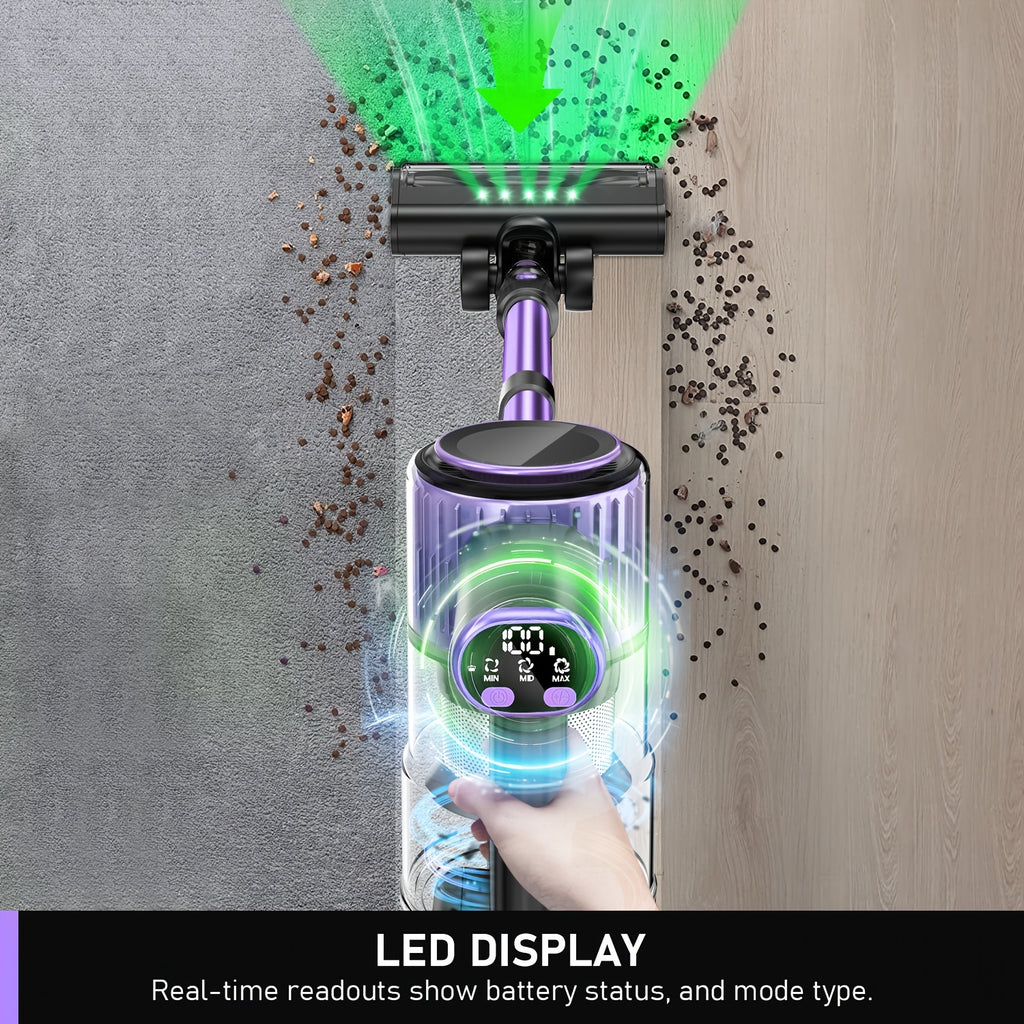 10-in-1 Cordless Stick Vacuum Cleaner, Lightweight Rechargeable Vacuum with Anti-Tangle Roller Brush, Upgraded Green LED Light and 45-Min Runtime, Powerful Suction for Hardwood Floors, Carpet, Pet Hair and Car Interior