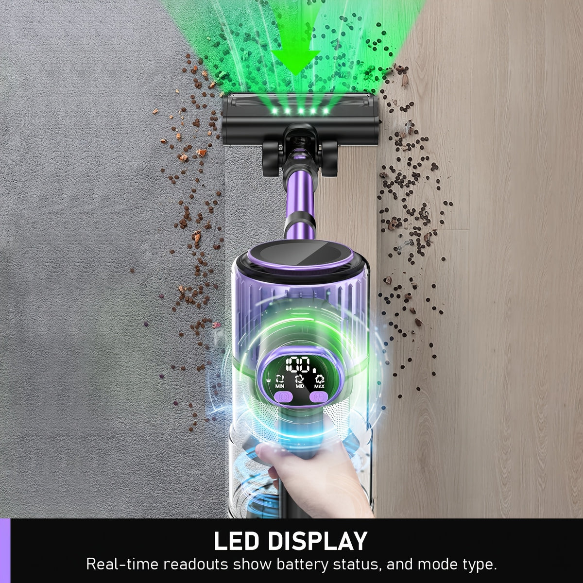 10-in-1 Cordless Stick Vacuum Cleaner, Lightweight Rechargeable Vacuum with Anti-Tangle Roller Brush, Upgraded Green LED Light and 45-Min Runtime, Powerful Suction for Hardwood Floors, Carpet, Pet Hair and Car Interior