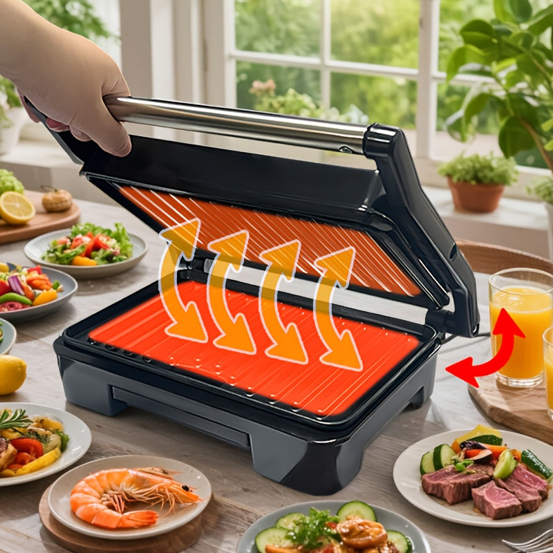 Double-Sided Electric Grill with Black Square Design and Listed Upper and Lower Heating, Panini and Sandwich Cooking Wording for Everyday Home Kitchen Meal Preparation