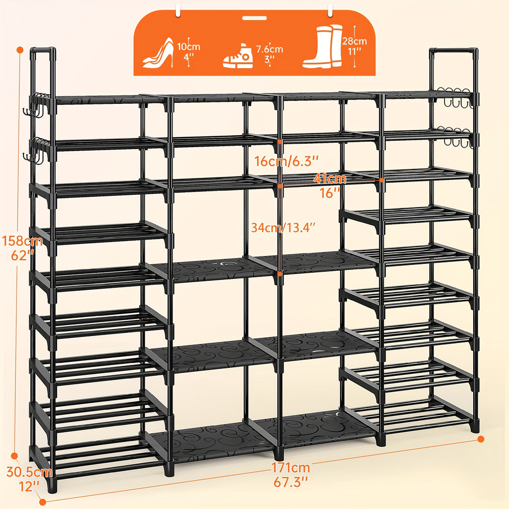 Four-Column Shoe Rack in Black with Six- or Nine-Tier Model Options, Listed Metal Construction and Customizable Layout for Entryway, Bedroom and Closet Footwear Storage