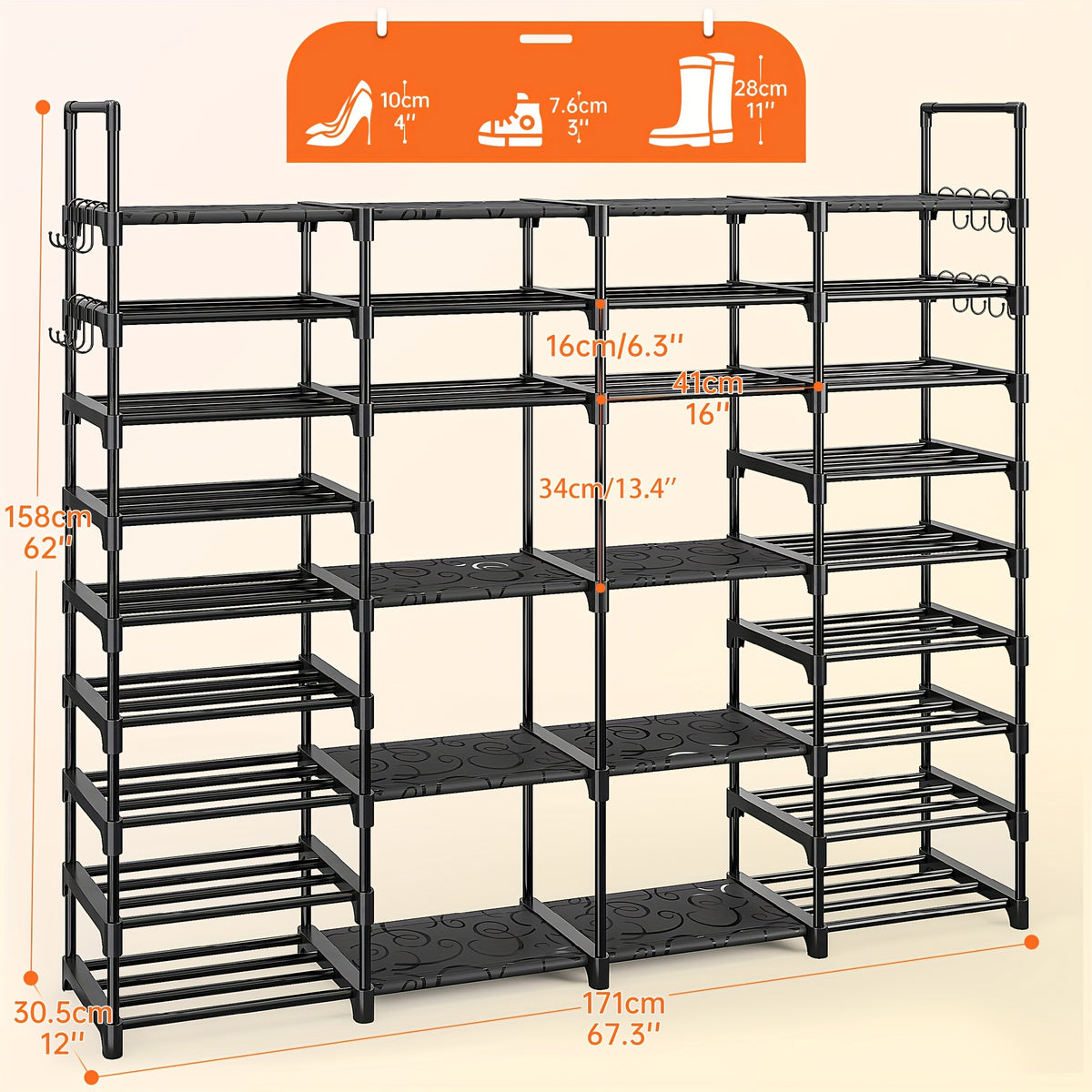 Four-Column Shoe Rack in Black with Six- or Nine-Tier Model Options, Listed Metal Construction and Customizable Layout for Entryway, Bedroom and Closet Footwear Storage