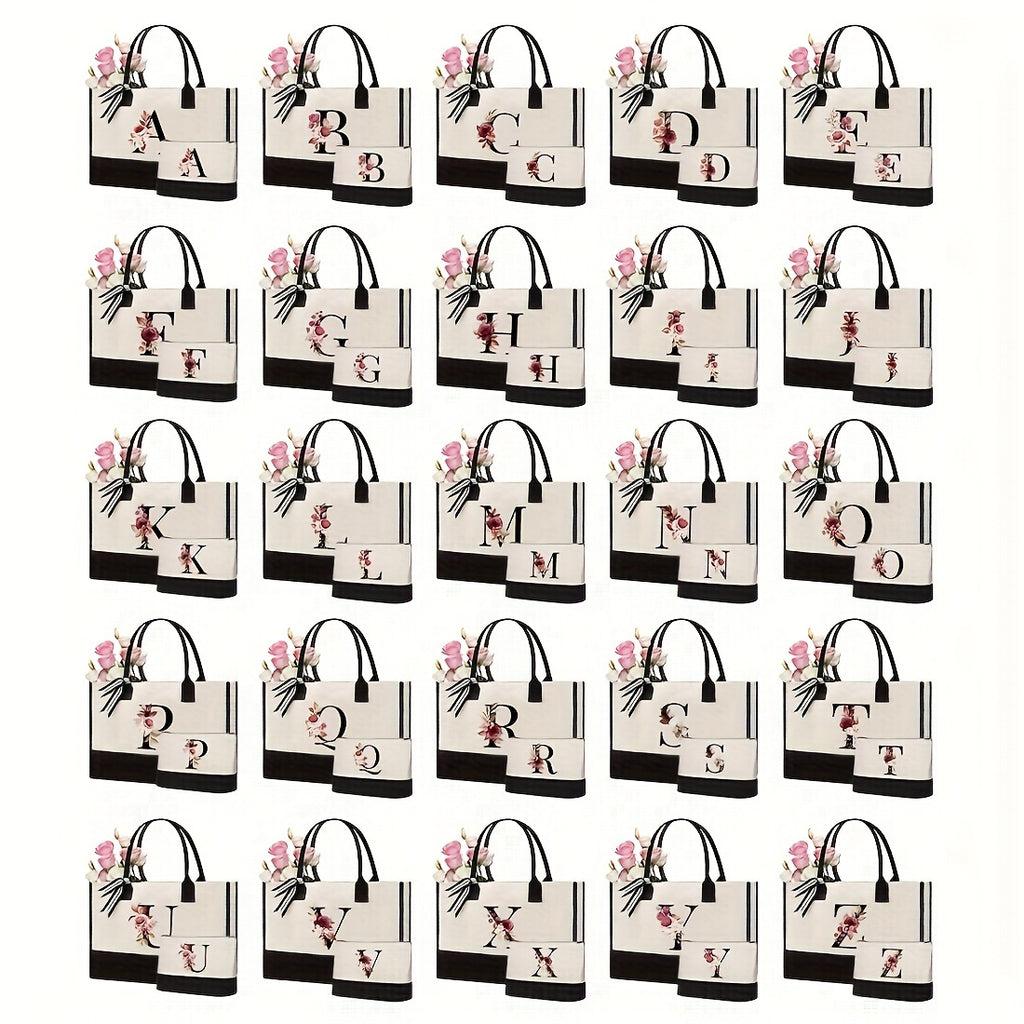Initial Tote Bag Set for Women with Makeup Storage Bag, Two-Piece Reusable Beach and Shopping Carry Set with Letter Options for Travel and Gifts