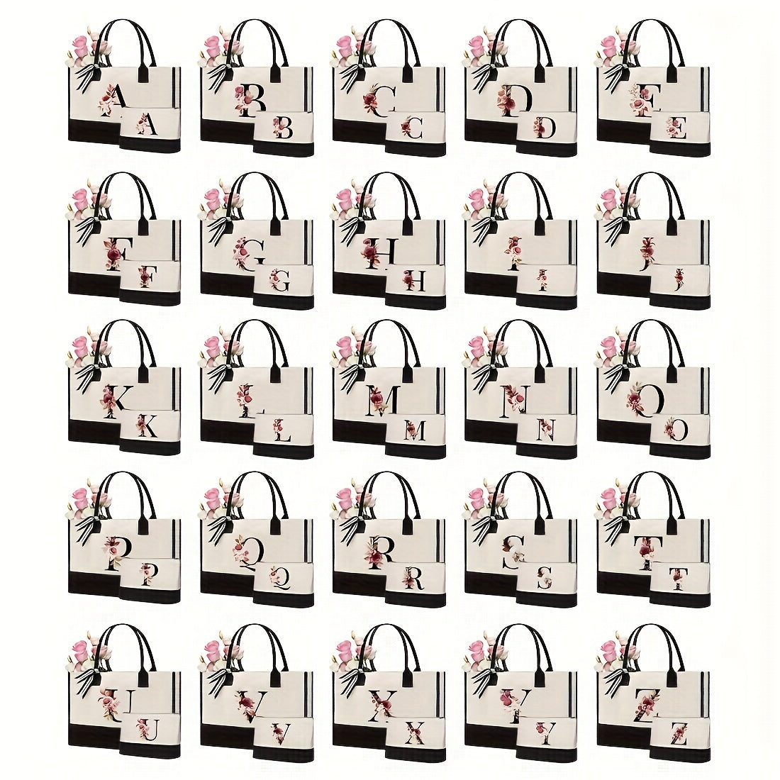 Initial Tote Bag Set for Women with Makeup Storage Bag, Two-Piece Reusable Beach and Shopping Carry Set with Letter Options for Travel and Gifts