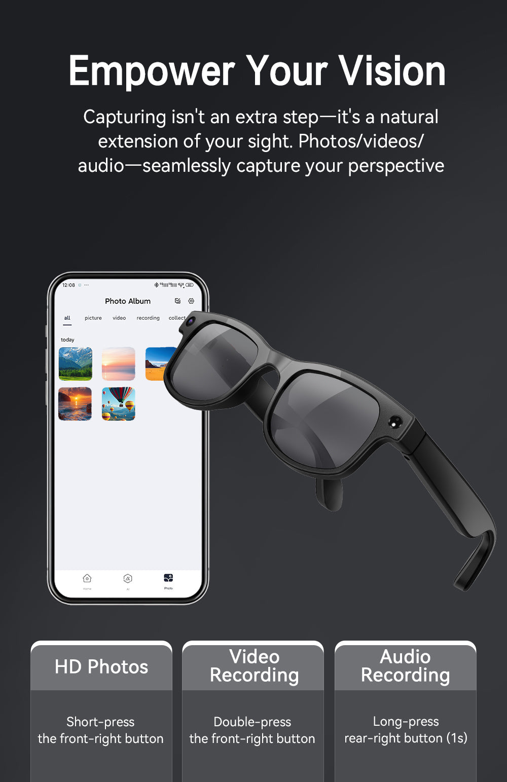 8MP Camera Smart Glasses with Three Pairs of Lenses, Black Touch-Control Eyewear with HD Video, Translation, Bluetooth Calls and Music