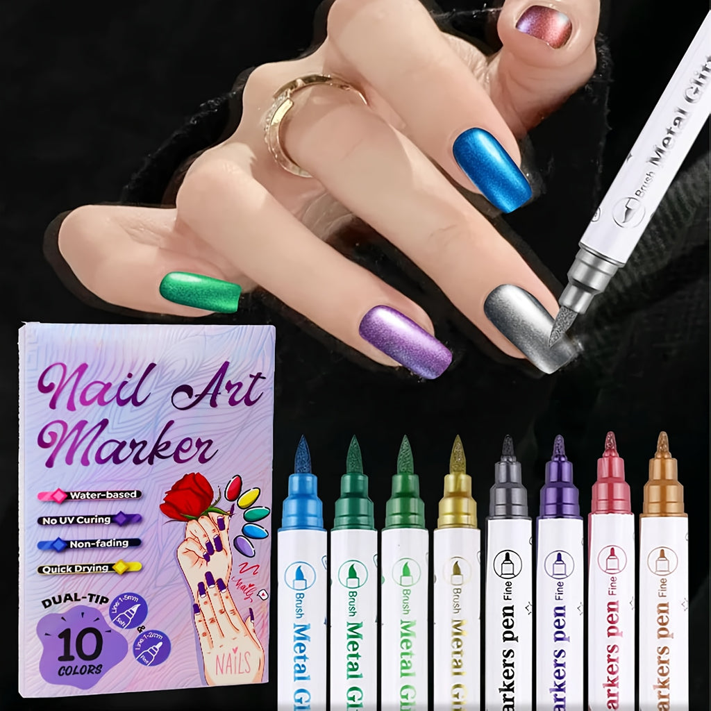 Metallic Nail Art Pens with Double-Ended Acrylic Paint Marker Design, 10-Color Quick-Drying Selection for Decorative Dots, Lines and DIY Home or Salon Manicures