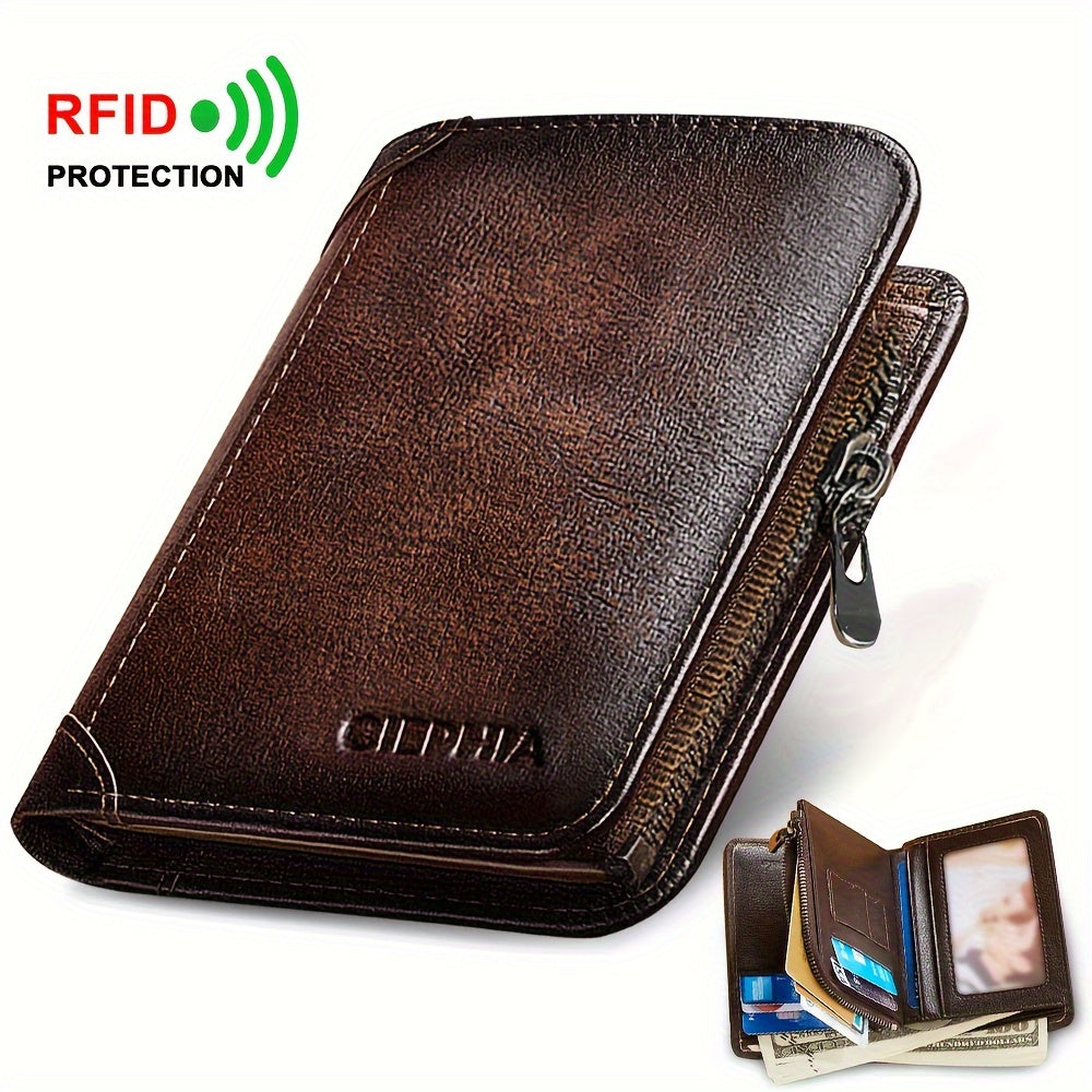 Trifold Leather Wallet for Men with Eight Card Slots, Two ID Windows, Coin Pocket and Two Banknote Sections, Yellow Brown, Black or Coffee Color for Daily Carry