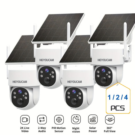 White PTZ Solar WiFi Security Camera with Listed 2K Video, PIR Motion Detection, Spotlight, Siren and Color Night Vision in One, Two or Four Camera Options